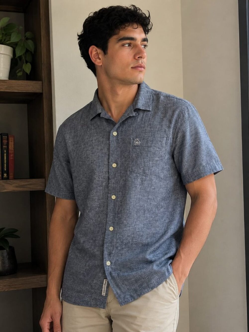 Original Penguin Gray Linen Blend Short Sleeve Button-Up Shirt Men's M
